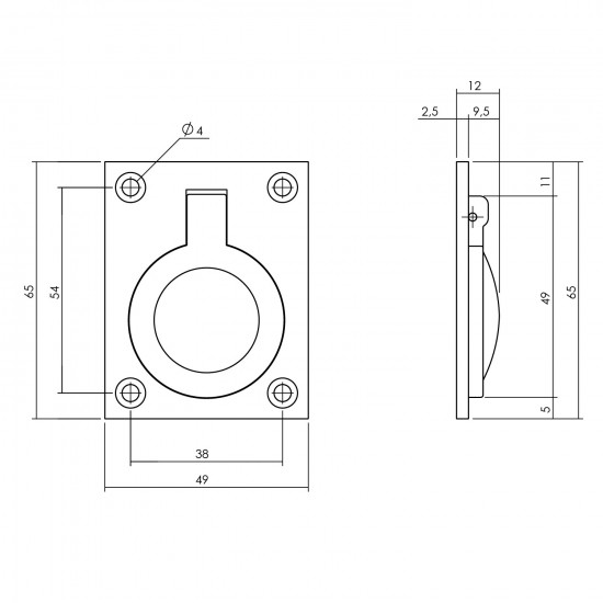 INTERSTEEL LUIKRING RECHTHOEKIG 65 X 49 MM MAT ZWART