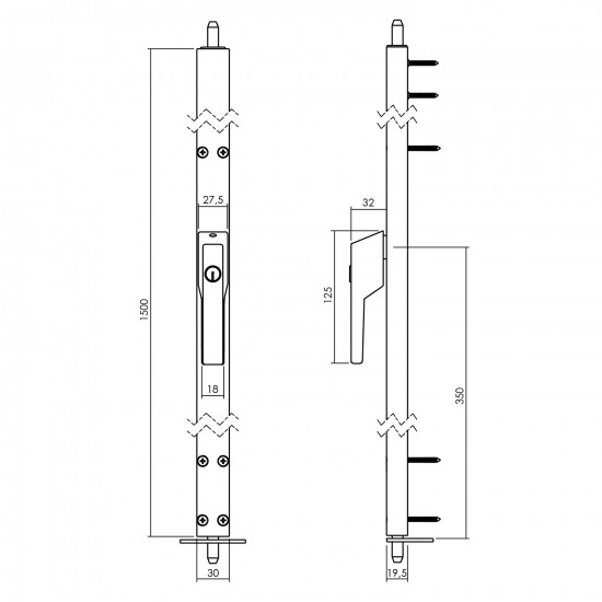 INTERSTEEL RAAMESPAGNOLET AFSLUITBAAR RECHTS 1500MM MET UITWISSELBARE