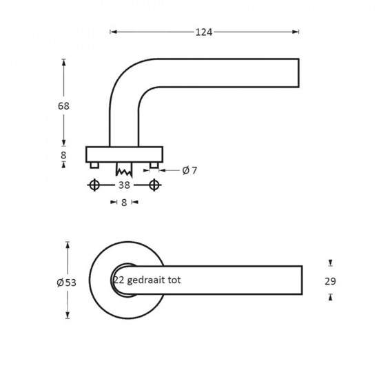 INTERSTEEL DEURKRUK VLINDER OP ROZET MET 7 MM NOK RVS GEBORSTELD
