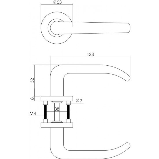 INTERSTEEL DEURKRUK SABEL OP ROZET MET 7 MM NOK RVS GEBORSTELD
