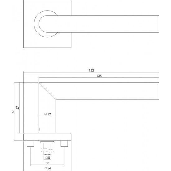 INTERSTEEL DEURKRUK HOEK 90Â° OP VIERKANT ROZET RVS GEBORSTELD