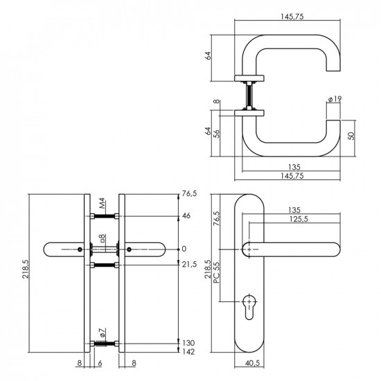 INTERSTEEL DEURKRUK ROND OP OP SCHILD PROFIELCILINDERGAT 55 MM RVS GEB