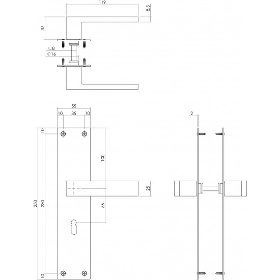 INTERSTEEL DEURKRUK AMSTERDAM MET SCHILD 250X55X2MM SLEUTELGAT 56MM RV