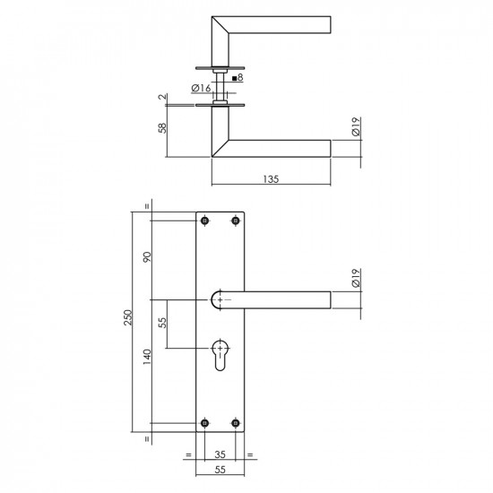 INTERSTEEL DEURKRUK JURA MET SCHILD 250X55X2MM PROFIELCILINDERGAT 55MM