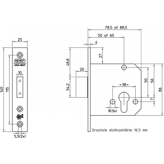 4228/27-50 VEILIGHEIDSBIJZETSLOT, SKG**, DM50MM, VOORPLAAT RVS 25X140M