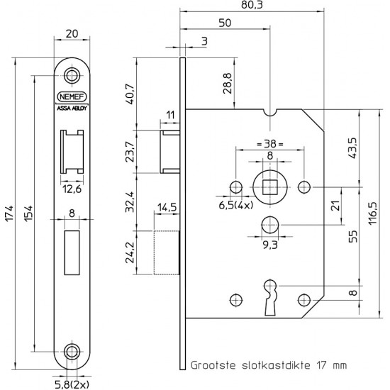 1266/17-50 DR.2+4 DEURSLOT, DM50MM, S55MM, KRUKGAT 8MM, VO