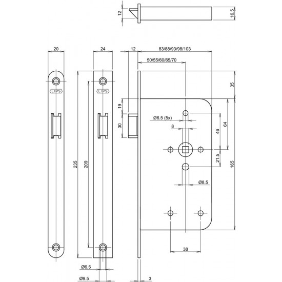 246517U2065 LOOPSLOT, DM65MM, KRUKGAT 8MM, VOORPLAAT RVS 20X235MM AFGE