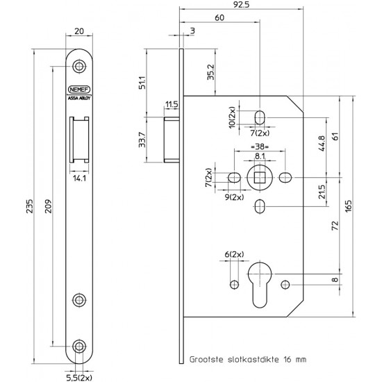 649/37-60 DR.1+3 CILINDERLOOPSLOT, DM60MM, PC72MM, KRUKGAT 8MM, VOORPL