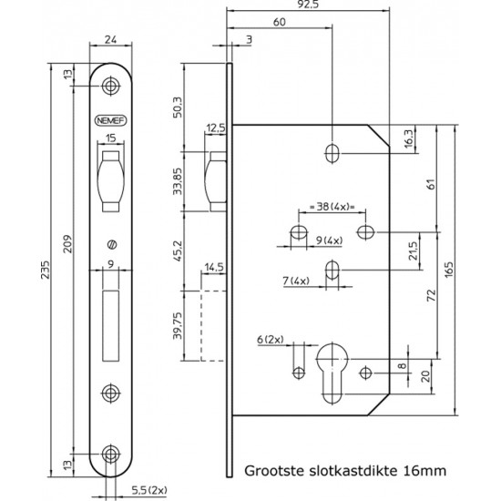 689/17-60 ROLSCHOOTDEURSLOT, DM60MM, PC72MM, VOORPLAAT RVS 24X235MM AF