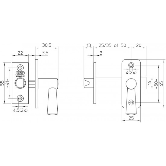 2600/4-25, DM25MM, VOORPLAAT F1 GEELOXEERD 22X55MM RECHTHOEKIG, F1 GEELOXEERD GREEPJE, ROZET, SLUITPLAAT EN BUISSTUK