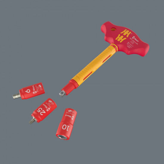 410 I VDE B VDE GEISOLEERDE ADAPTERSCHROEVENDRAAIER MET T-GREEP EN RATELFUNCTIE VOOR 1/4" DOPPEN, 1/4" X 130 MM