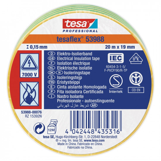 53988 SPVC ELECTRICAL TAPE YEL./GREEN 20MX19MM 20 19 GREEN YELLOW STRIPED