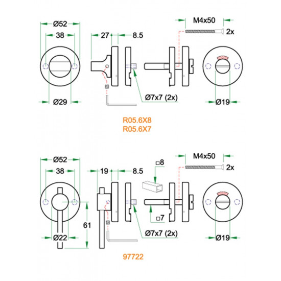 WC GARNITUUR MIVA PL RVS MAT WC 8MM R/W/G