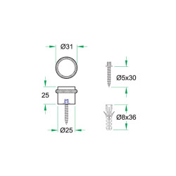 DEURBUFFER VLOERMONTAGE ø25X25MM RVS MAT