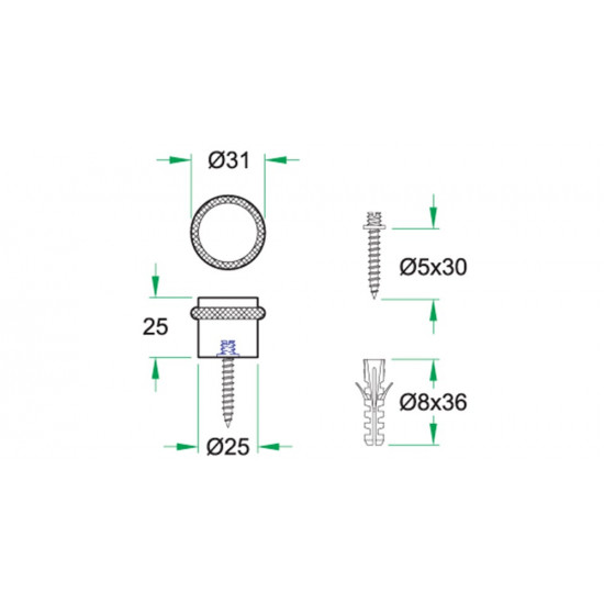 DEURBUFFER VLOERMONTAGE ø25X25MM RVS MAT