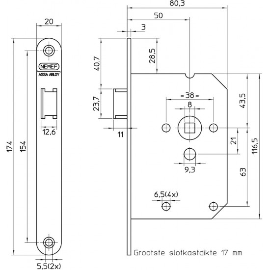 255/17-50 DR.1+3 ZWAAR LOOPSLOT, DM50MM, KRUKGAT 8MM, VOORPLAAT RVS 20X174MM AFGEROND